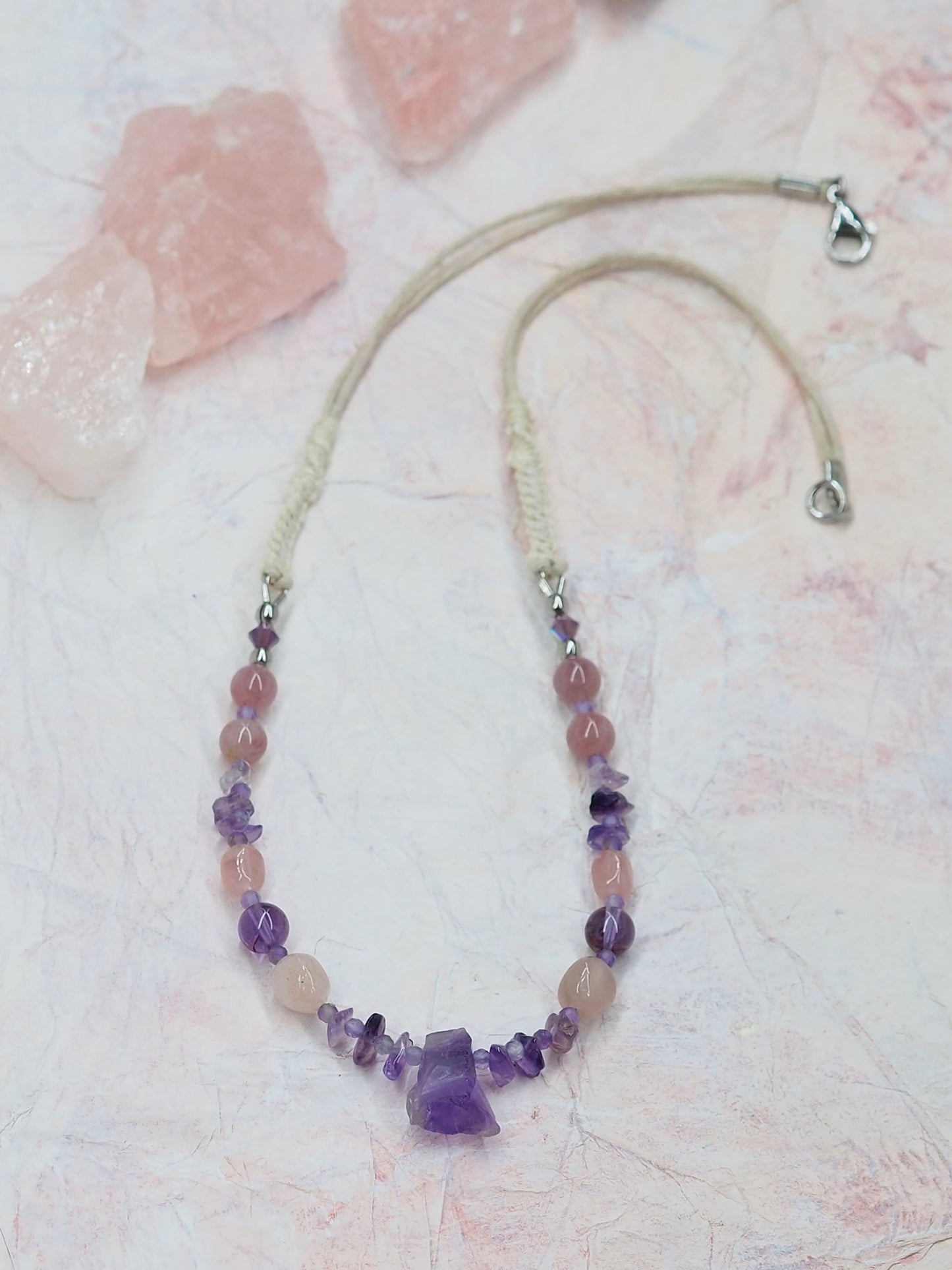 Amethyst, Rose Quartz & Cacoxenite OOAK Pendant Necklace