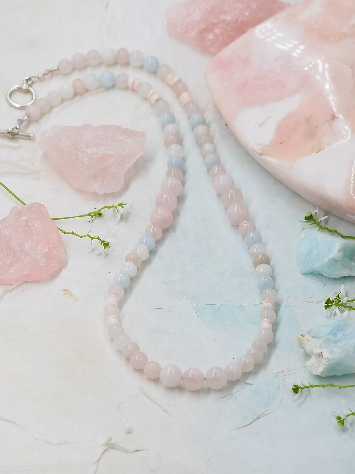 Rose Quartz, Aquamarine and Moonstone Beaded Necklace