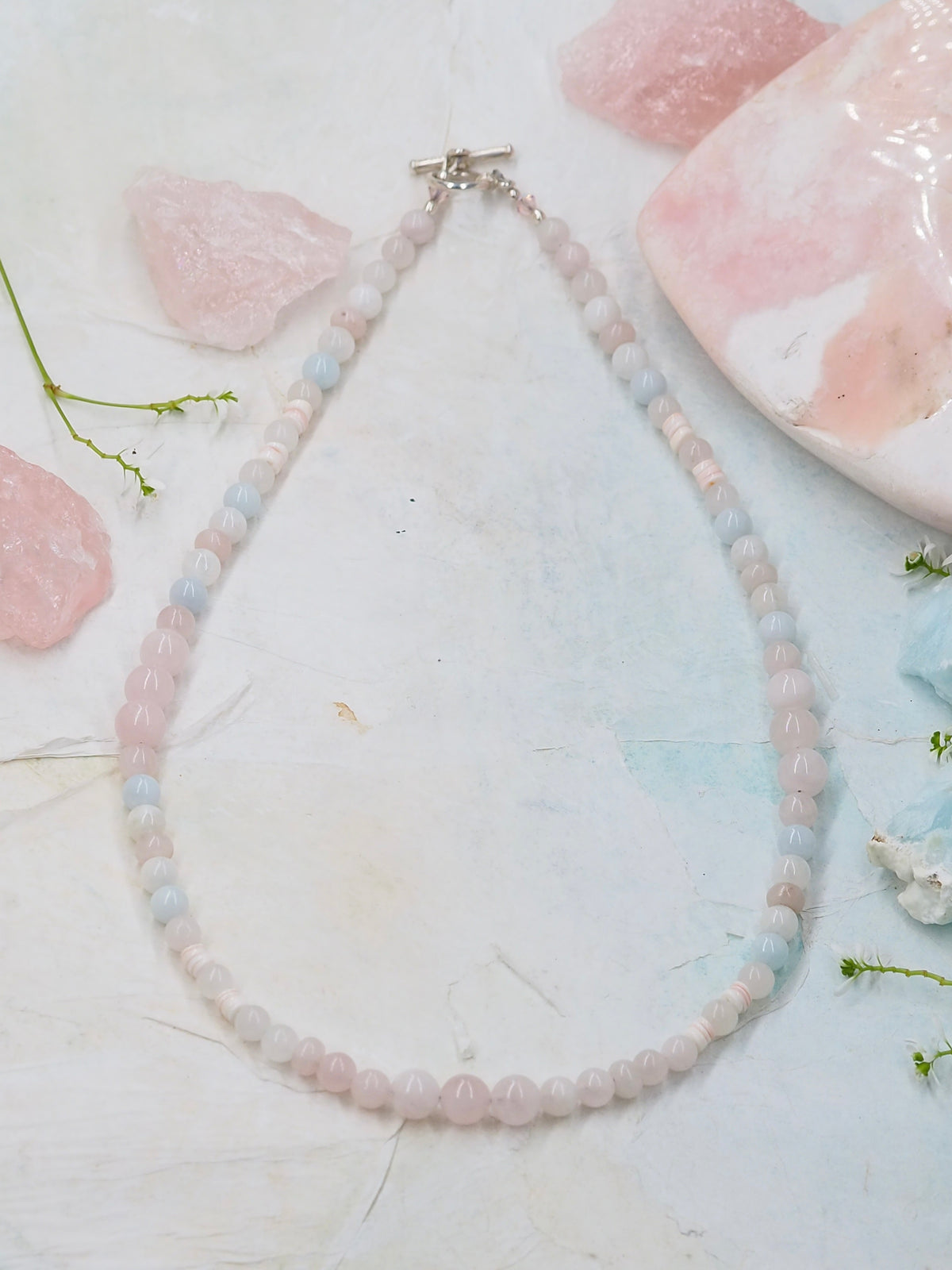 Rose Quartz, Aquamarine and Moonstone Beaded Necklace