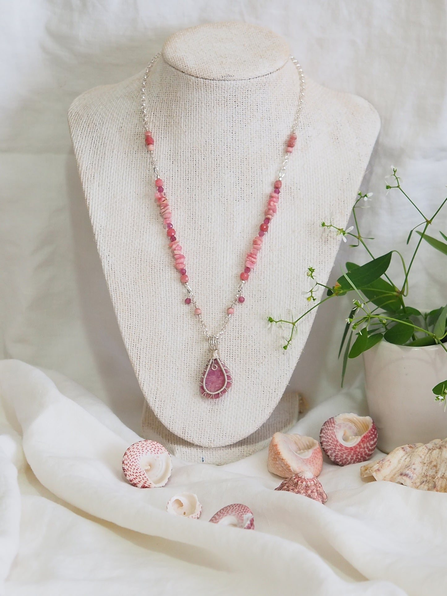 One-of-a-kind Pink Ruby, Rhodochrosite & Pink Tourmaline Pendant Necklace