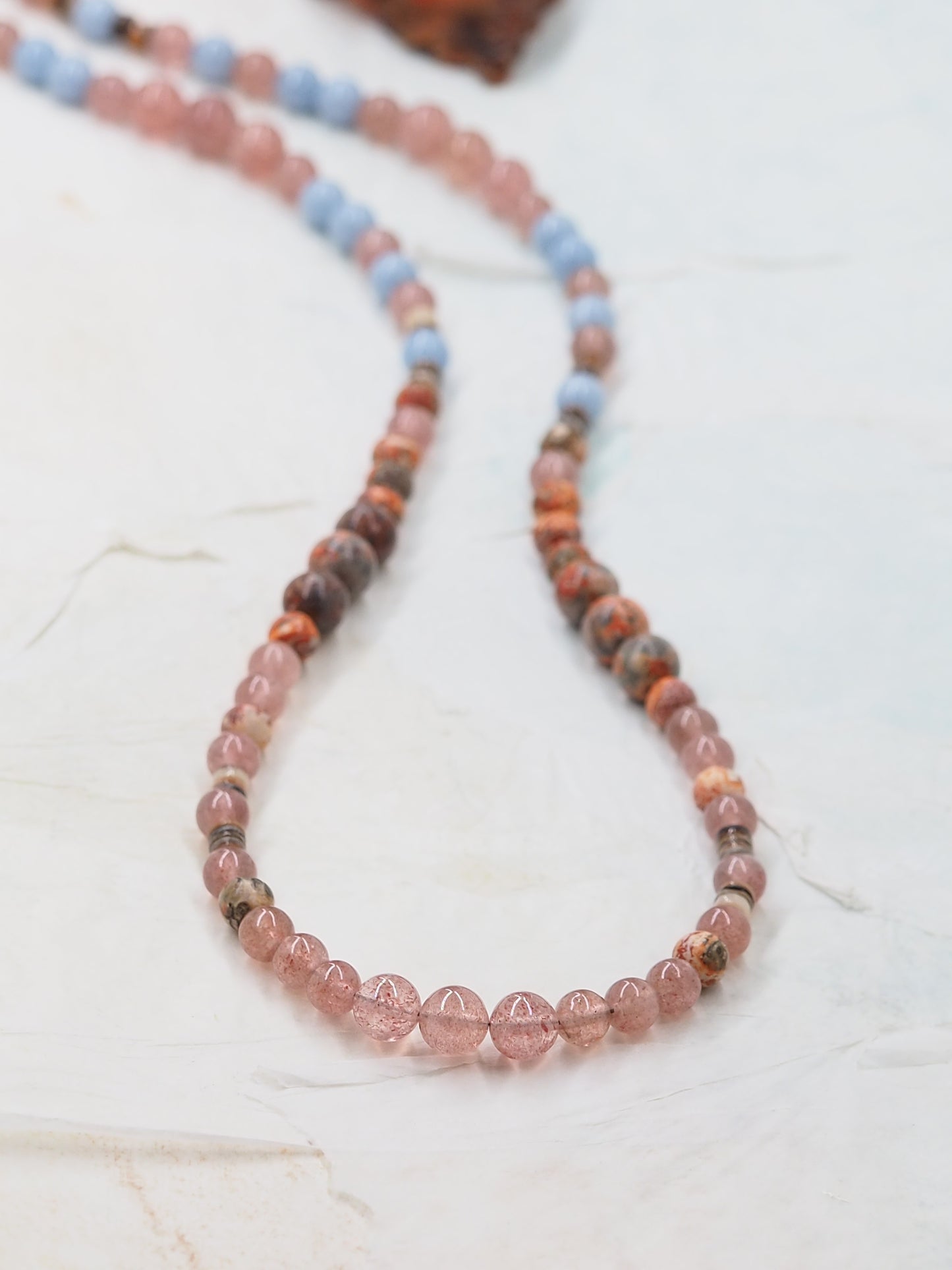 OOAK Leopardskin Jasper & Strawberry Quartz Long Necklace with Blue Angelite