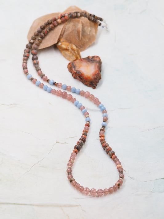 OOAK Leopardskin Jasper & Strawberry Quartz Long Necklace with Blue Angelite