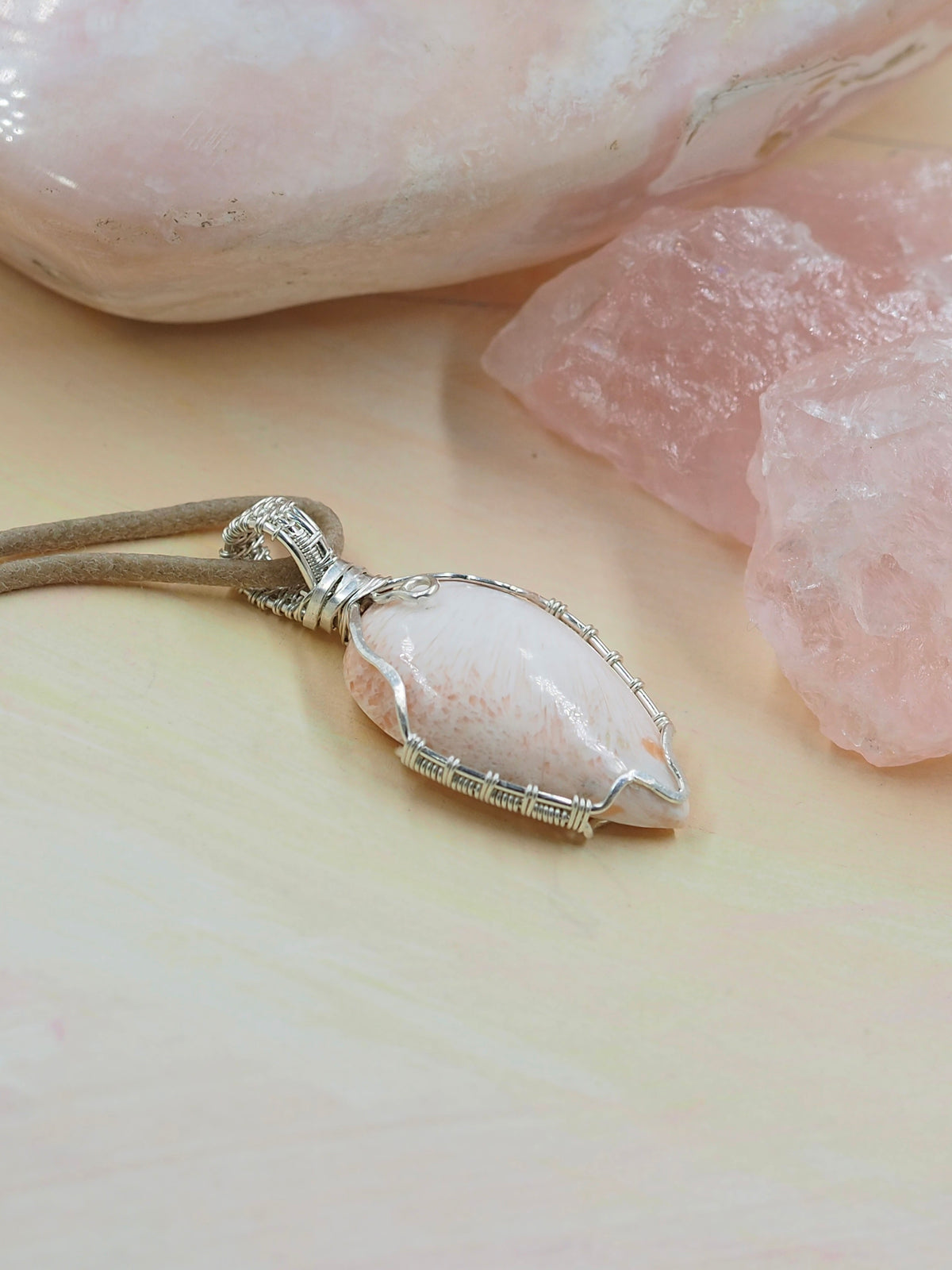 Peach Scolecite & Serling Silver Pendant