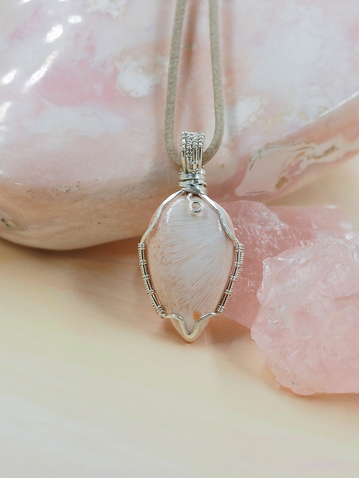 Peach Scolecite & Serling Silver Pendant