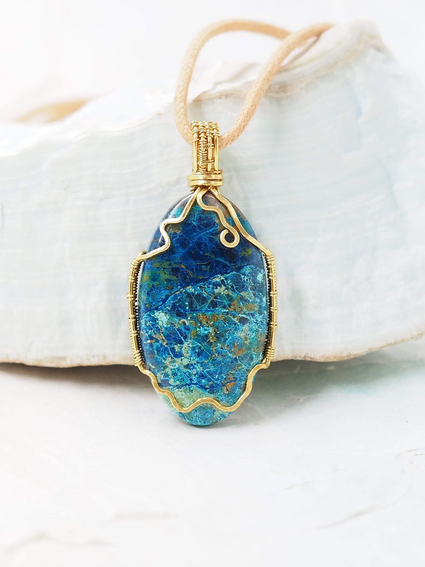 Shattuckite with Azurite & Brass Hand Wrapped OOAK Pendant