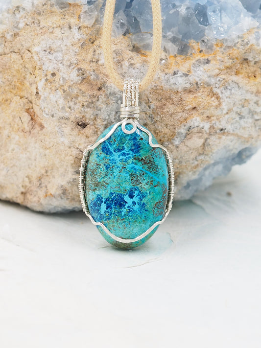 One of a Kind Shattuckite with Azurite Hand Wrapped Sterling Silver Pendant