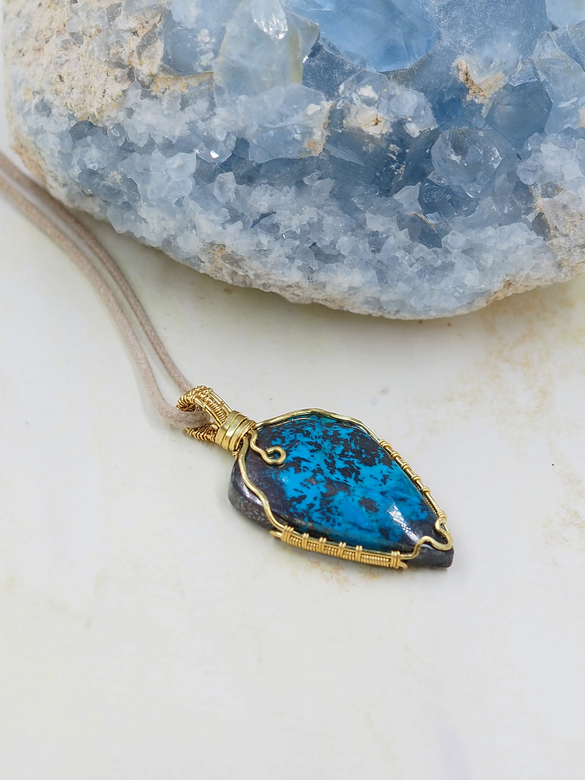 Shattuckite & Hematite Brass Cabochon Pendant