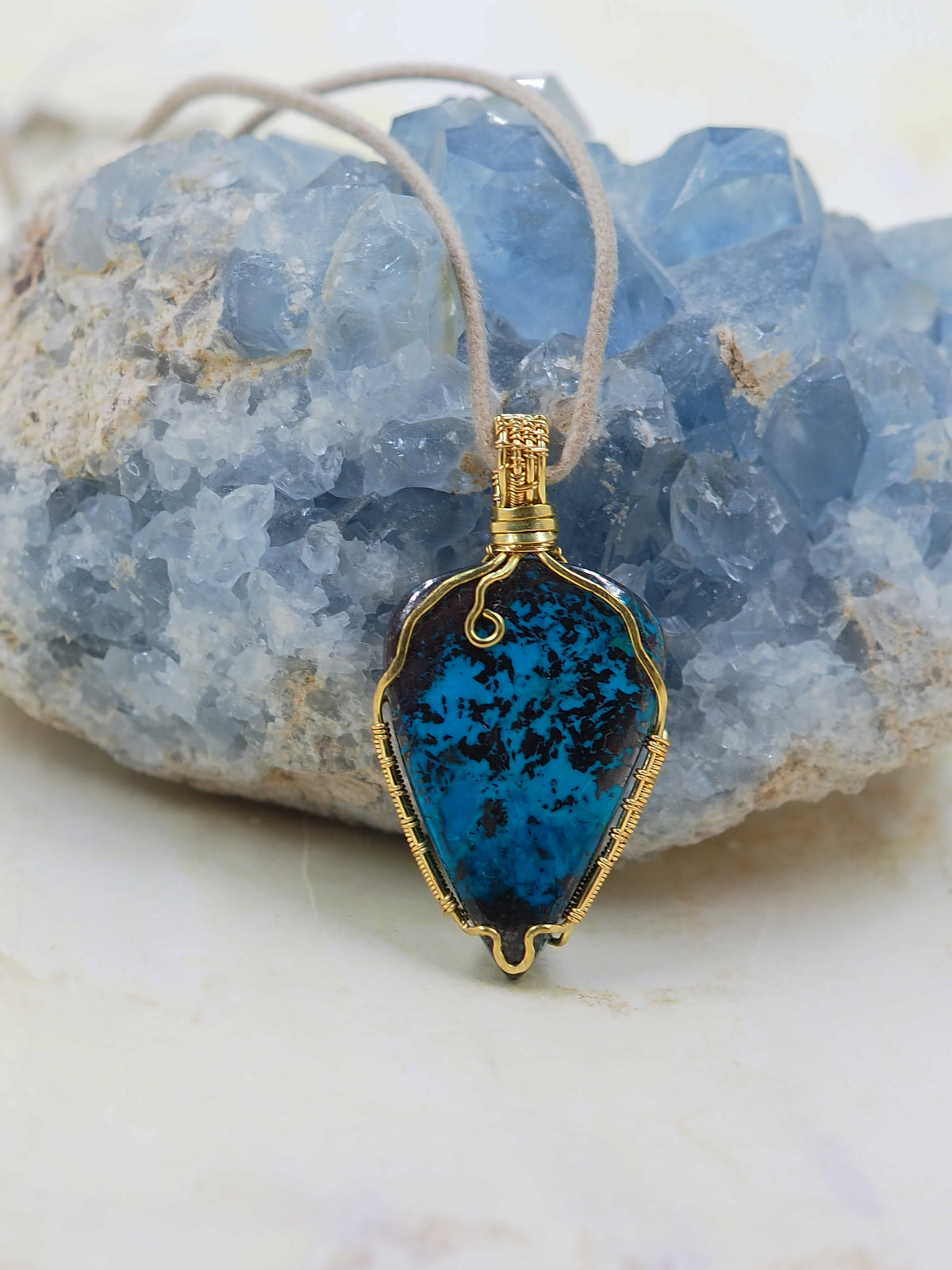 Shattuckite & Hematite Brass Cabochon Pendant