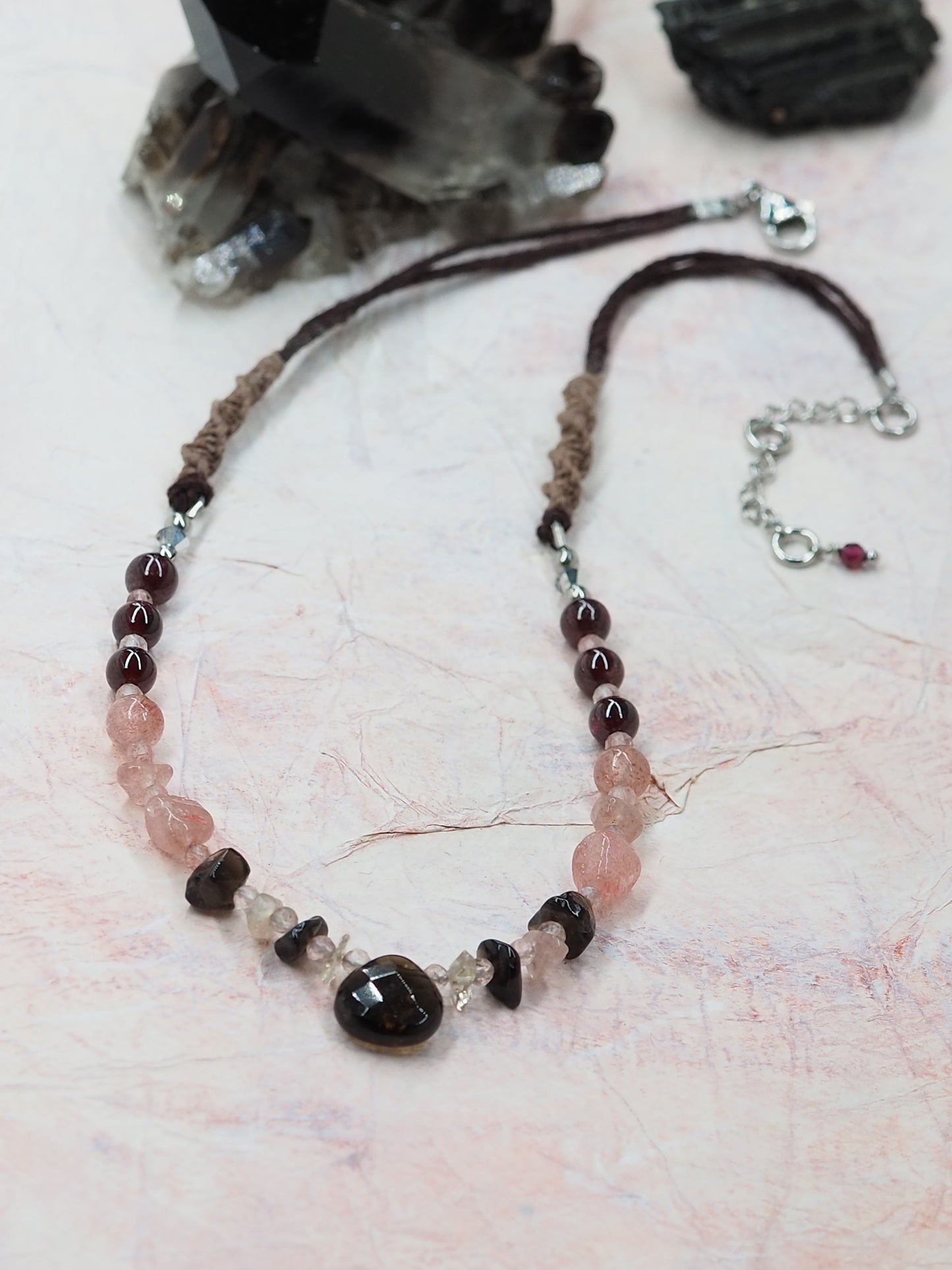 Smoky Quartz, Strawberry Quartz & Garnet Pendant Necklace
