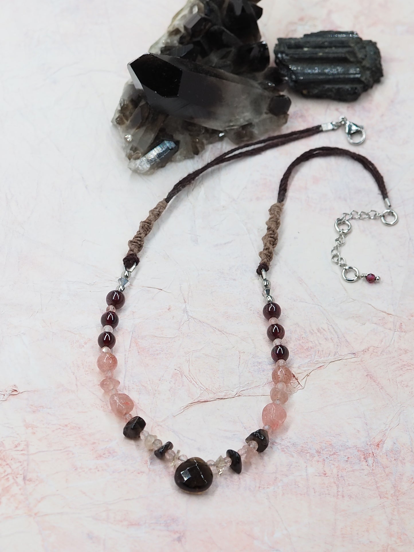 Smoky Quartz, Strawberry Quartz & Garnet Pendant Necklace