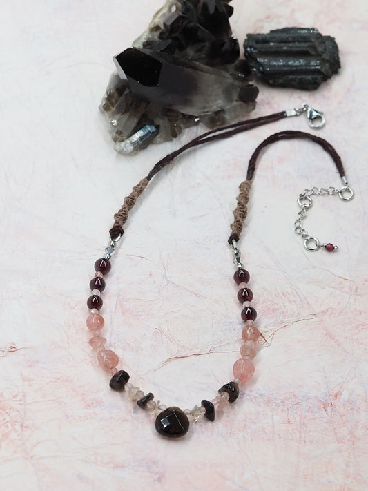 Smoky Quartz, Strawberry Quartz & Garnet Pendant Necklace