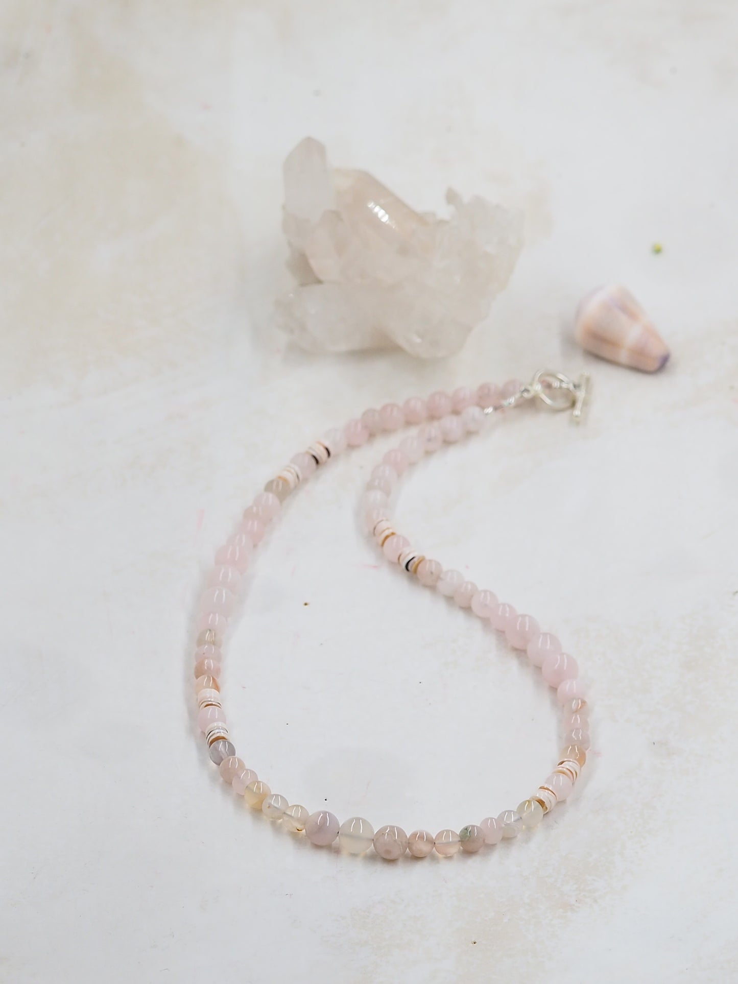 Sakura Agate and Rose Quartz Necklace with Luhanos Shell, Standard Length