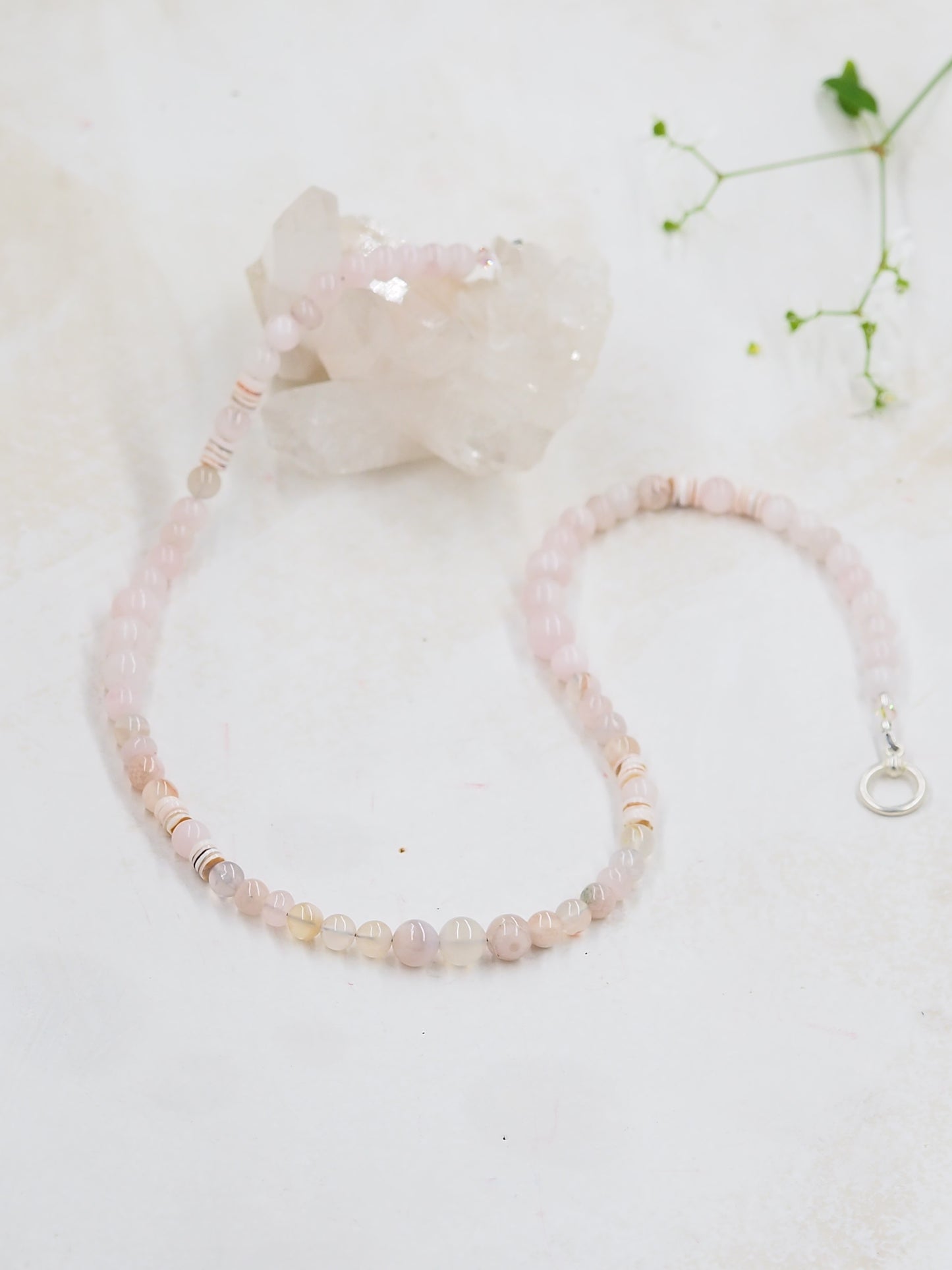 Sakura Agate and Rose Quartz Necklace with Luhanos Shell, Standard Length