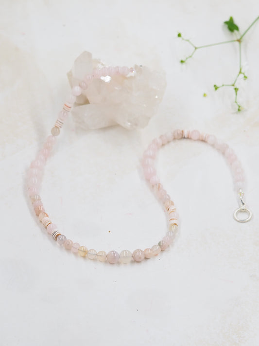 Sakura Agate and Rose Quartz Necklace with Luhanos Shell, Standard Length