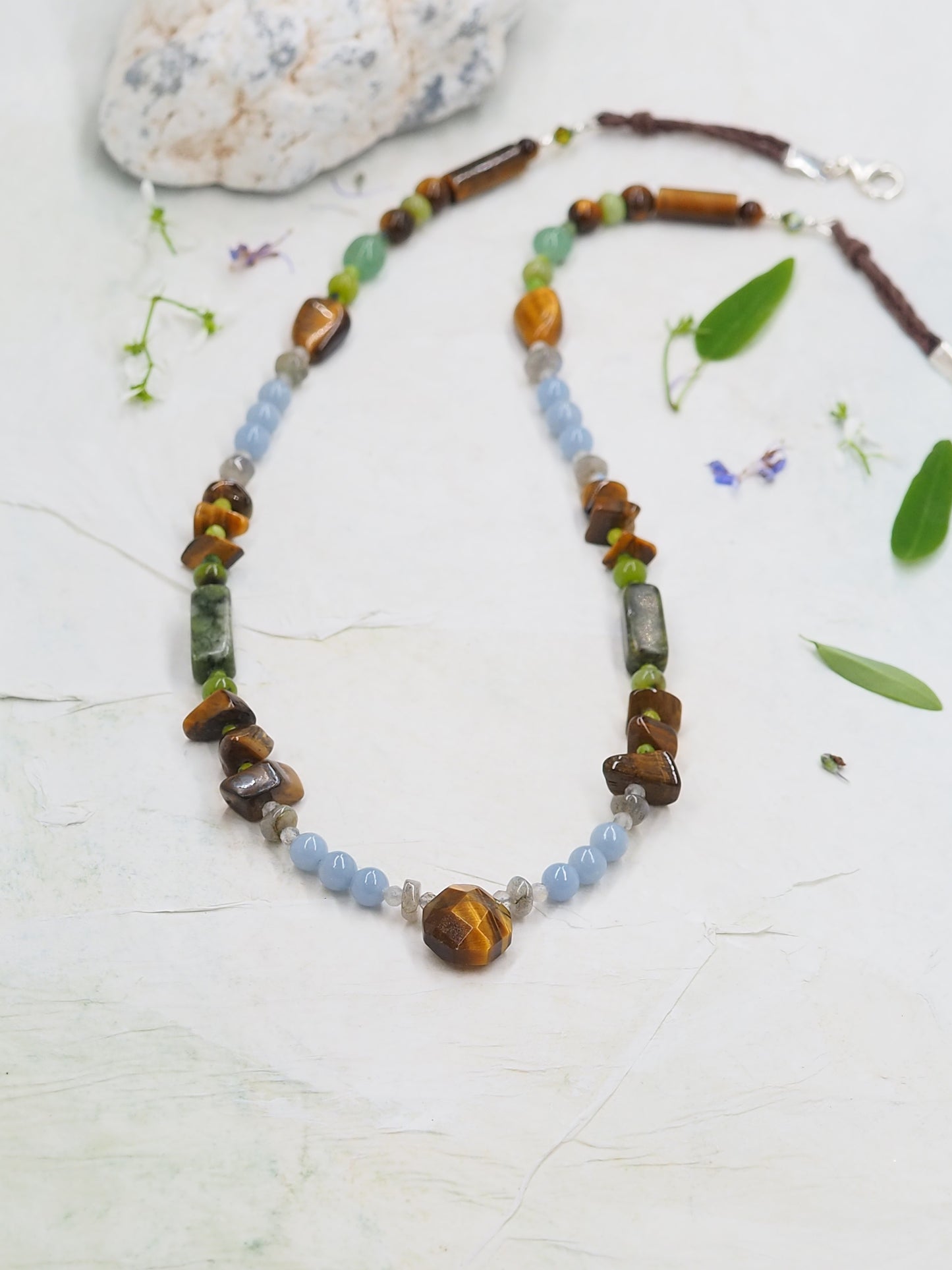 One-of-a-Kind Tigers Eye & Angelite Mid Length Necklace with Labradorite, Chrysoprase, Rainforest Jasper and Green Aventurine