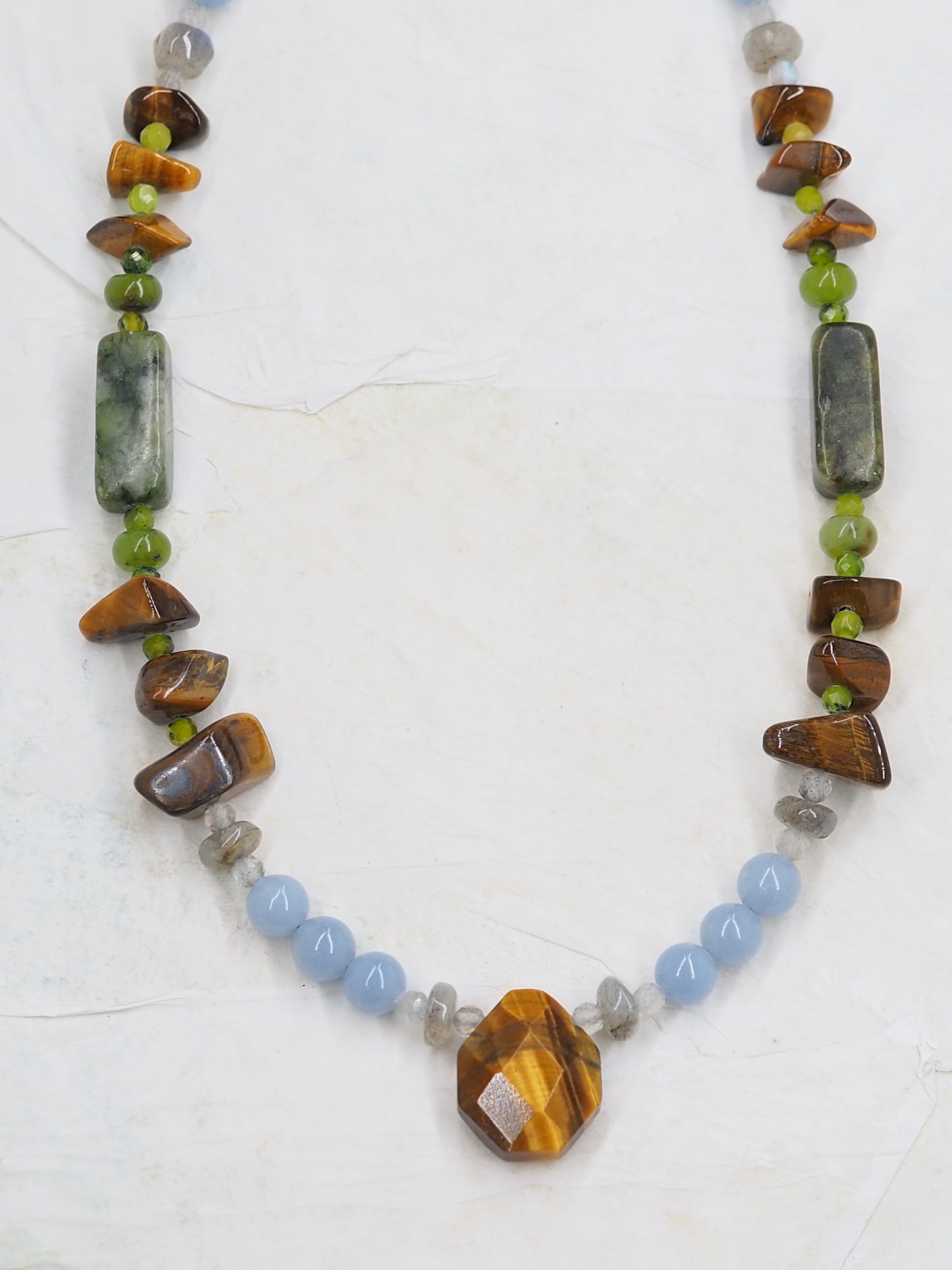 One-of-a-Kind Tigers Eye & Angelite Mid Length Necklace with Labradorite, Chrysoprase, Rainforest Jasper and Green Aventurine