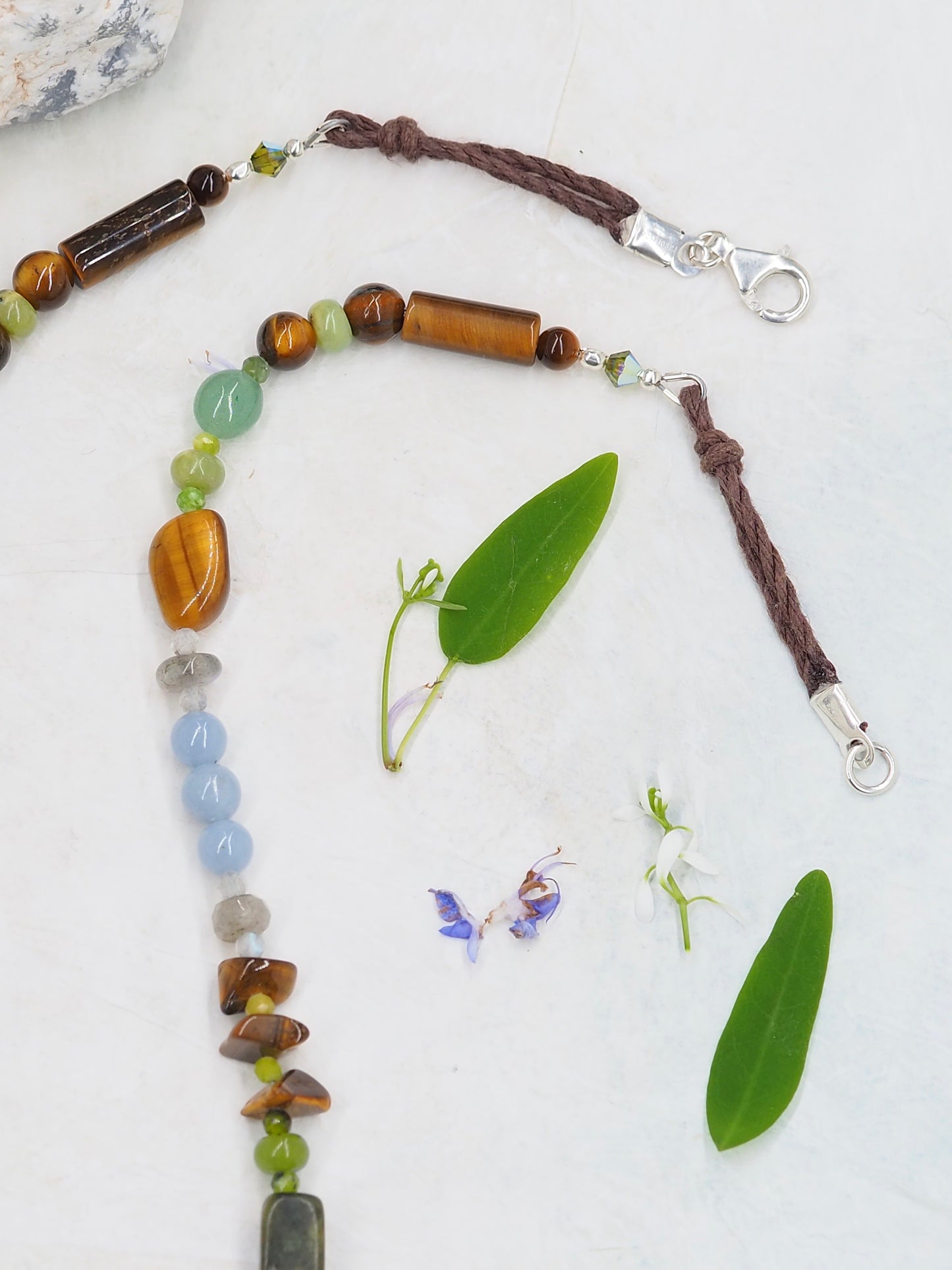 One-of-a-Kind Tigers Eye & Angelite Mid Length Necklace with Labradorite, Chrysoprase, Rainforest Jasper and Green Aventurine