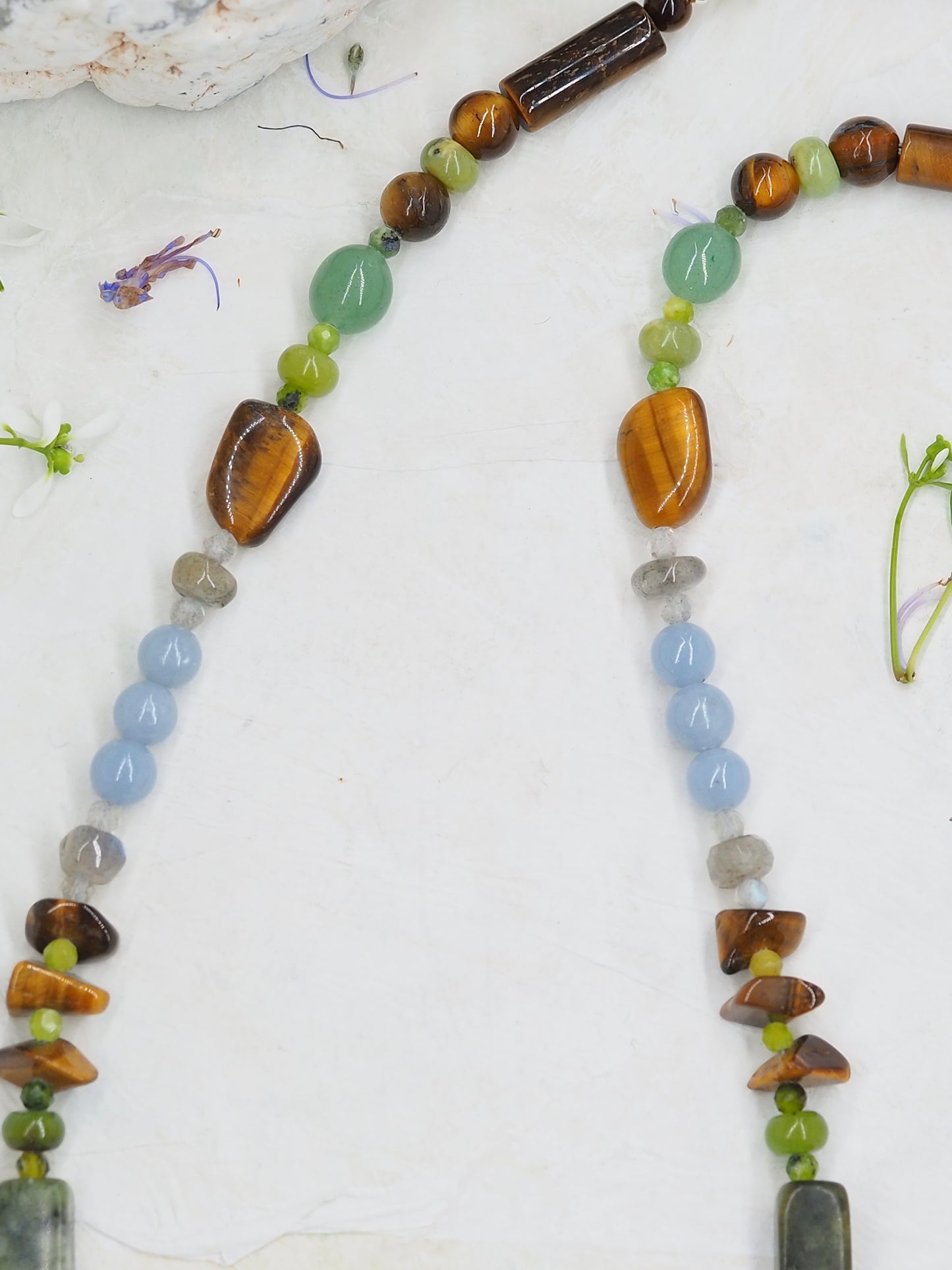 One-of-a-Kind Tigers Eye & Angelite Mid Length Necklace with Labradorite, Chrysoprase, Rainforest Jasper and Green Aventurine