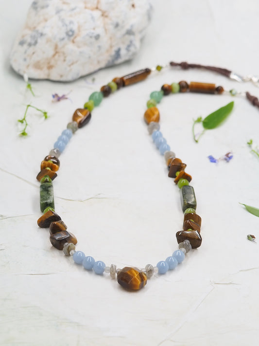 One-of-a-Kind Tigers Eye & Angelite Mid Length Necklace with Labradorite, Chrysoprase, Rainforest Jasper and Green Aventurine