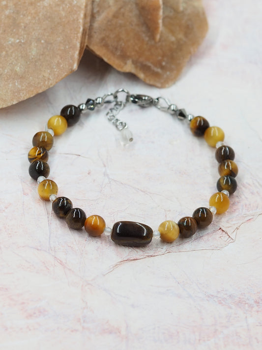 Tigers Eye & Clear Quartz Crystal Slender Bracelet