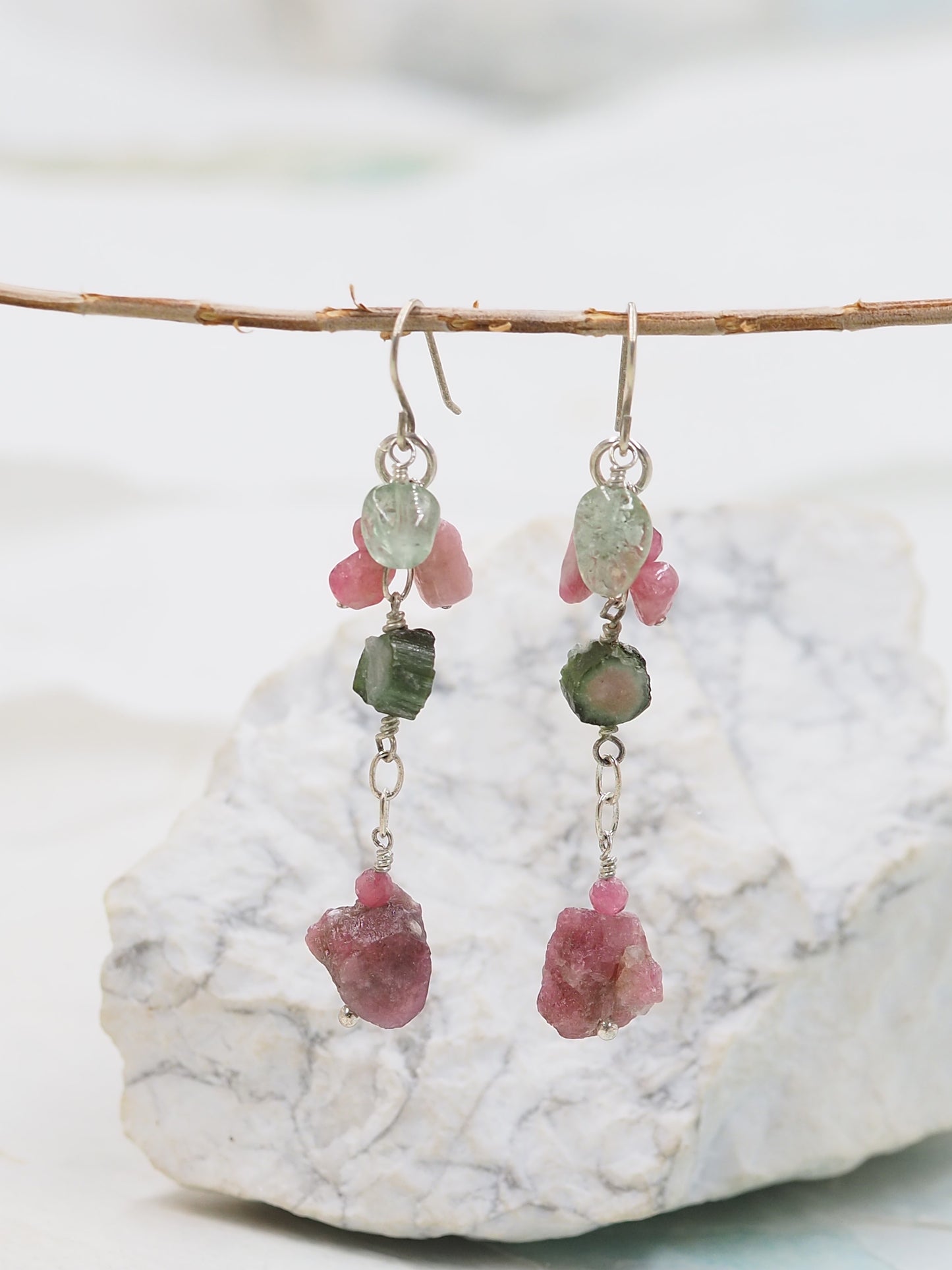 OOAK Pink & Green Tourmaline Long Drop Sterling Silver Earrings