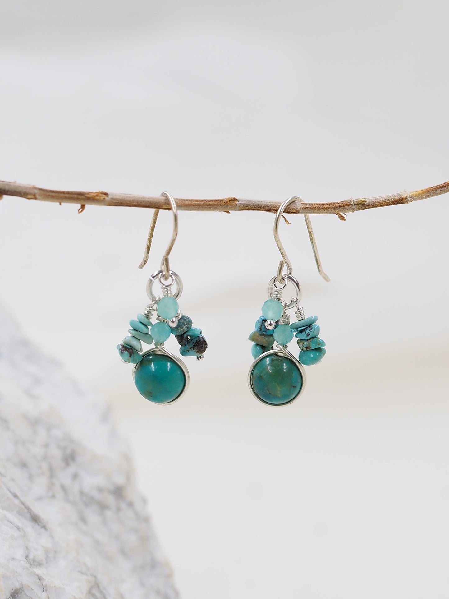 Turquoise & Amazonite Cluster Earrings in Sterling Silver