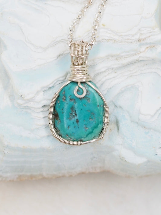 Natural Turquoise Petite Pendant, Hand Wrapped with Australian Sterling Silver