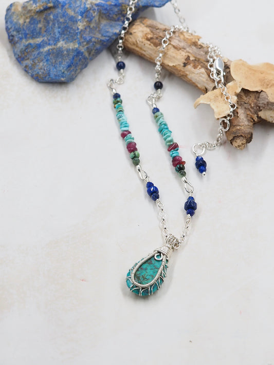 Turquoise, Lapis Lazuli and Pink Tourmaline Pendant Necklace