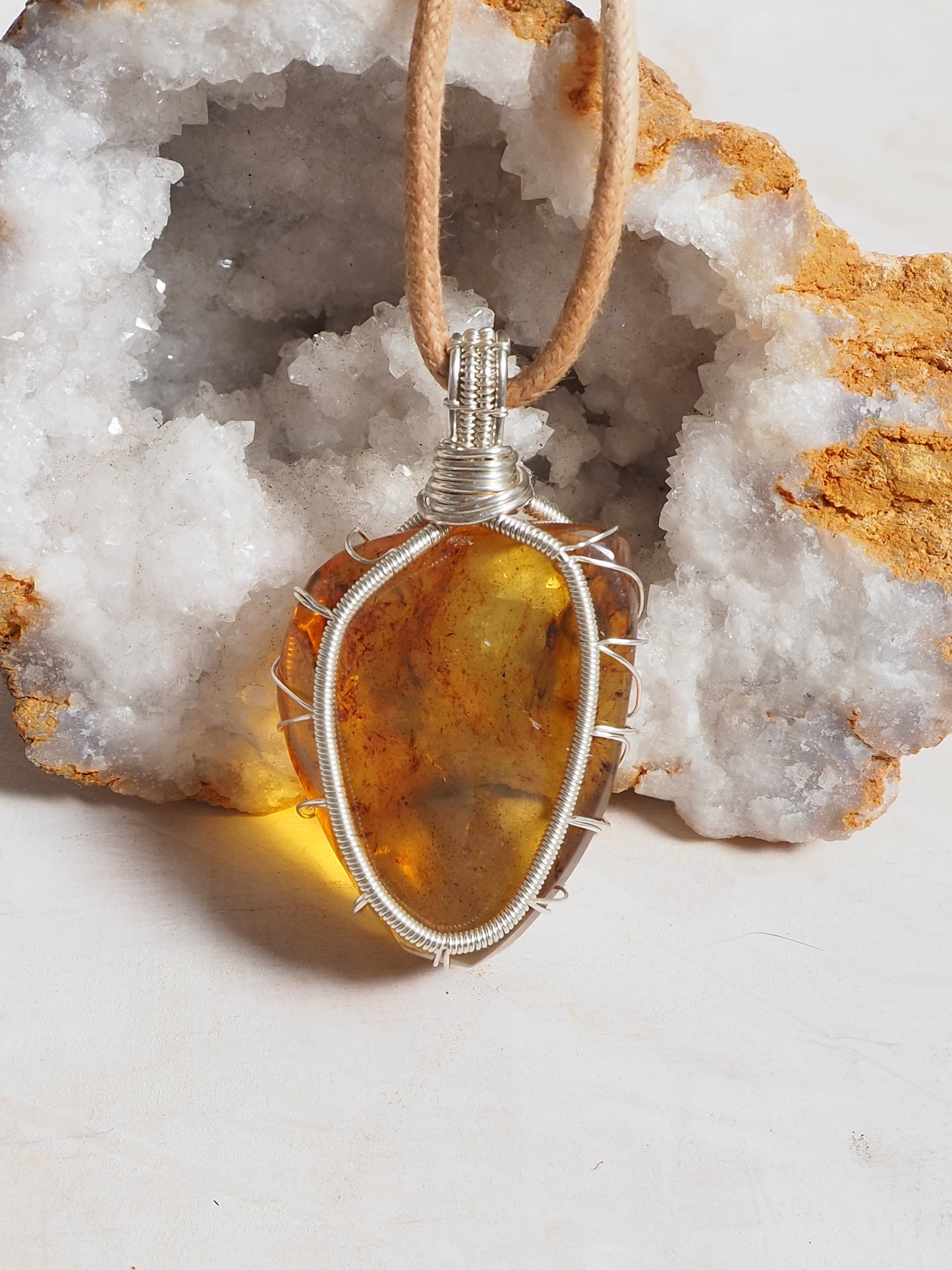 Hand Wrapped Freeform Amber & Sterling Silver Pendant