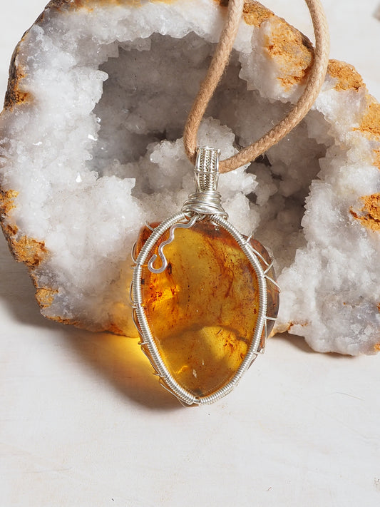 Hand Wrapped Freeform Amber & Sterling Silver Pendant