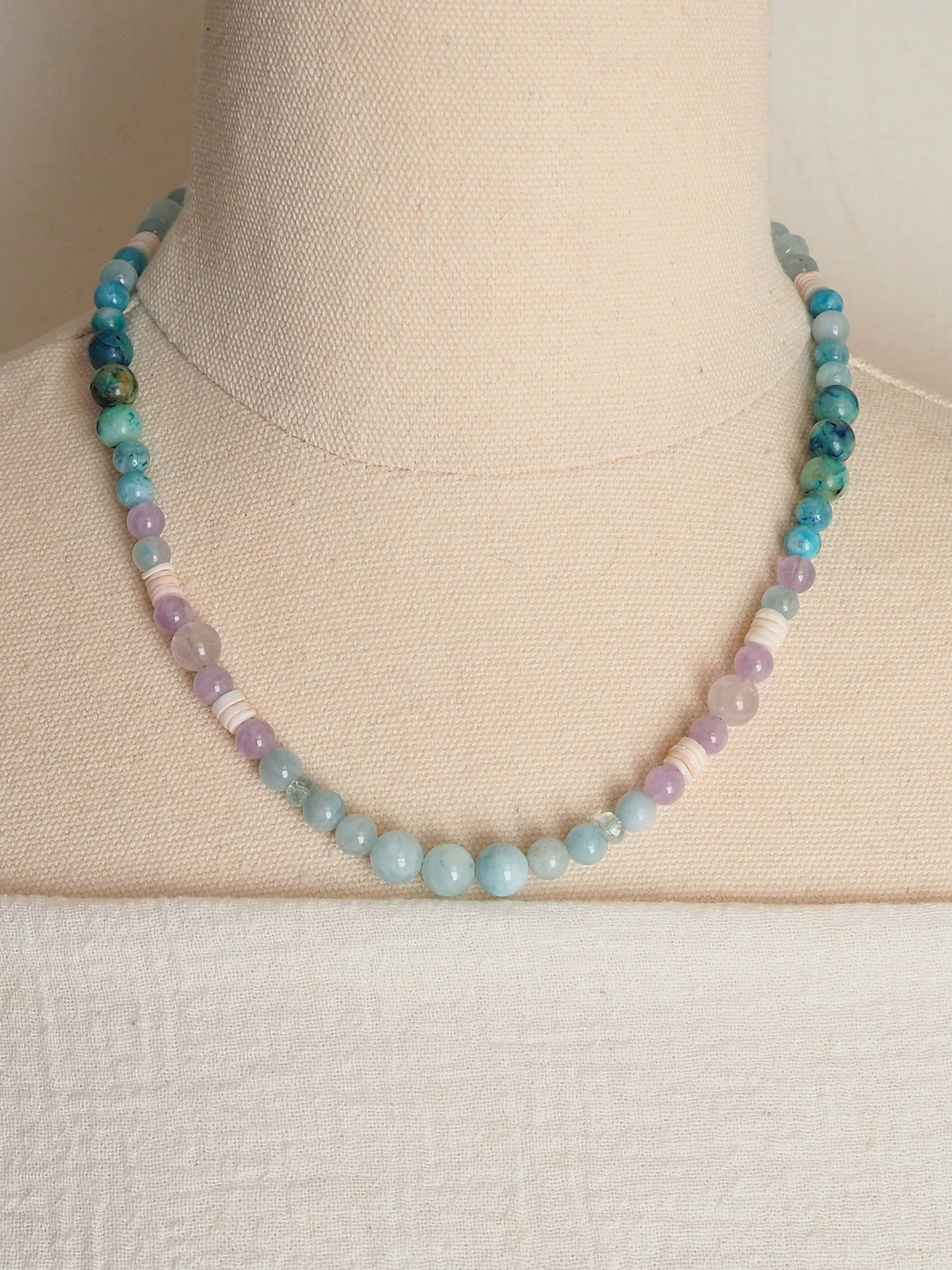 Aquamarine, Lavender Amethyst, Azurite & Chrysocolla in Quartz & Hemimorphite Hand Beaded Necklace