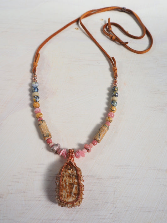 Hand Wrapped Aragonite Pendant Necklace with Rhodochrosite, Jaspers and Agate