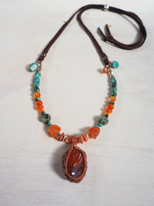 Hand Wrapped Carnelian and Copper Statement Pendant Necklace, with Red Agate, African Turquoise & Apatite
