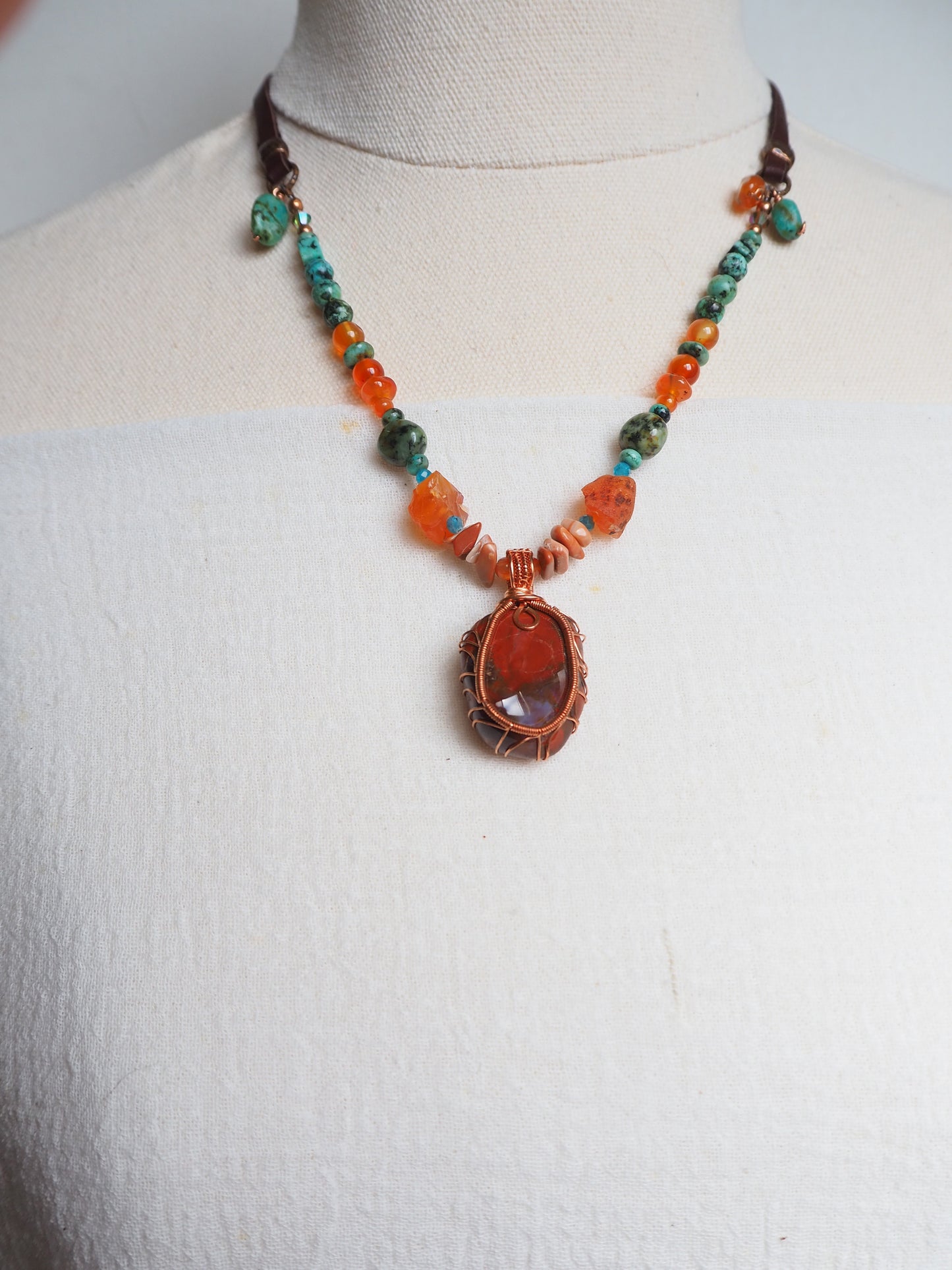 Hand Wrapped Carnelian and Copper Statement Pendant Necklace, with Red Agate, African Turquoise & Apatite