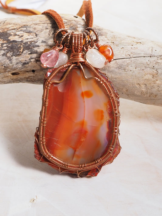 Reversible Half Polished Carnelian Pendant with Individually Hand Wrapped Gemstone Accents