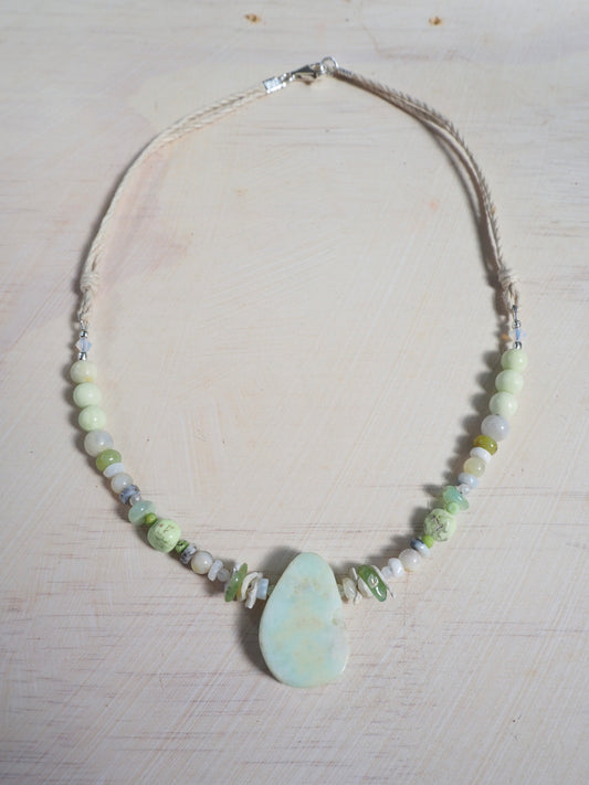Mint & Citron Chrysoprase Pendant Necklace with Dendritic Opal & White Coral on Hemp Cord