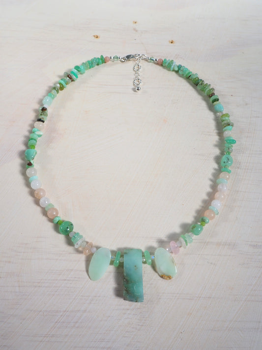 Mint Chrysoprase & Morganite OOAK Necklace with Extension Chain