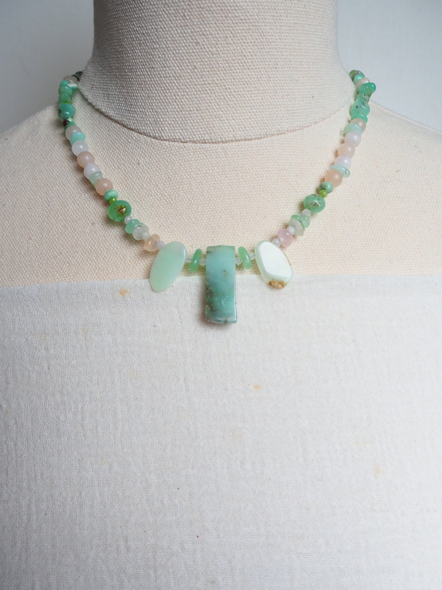 Mint Chrysoprase & Morganite OOAK Necklace with Extension Chain
