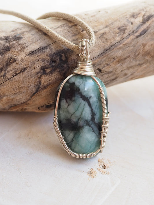 Hand Wrapped Tumbled Emerald & Argentium Silver Pendant