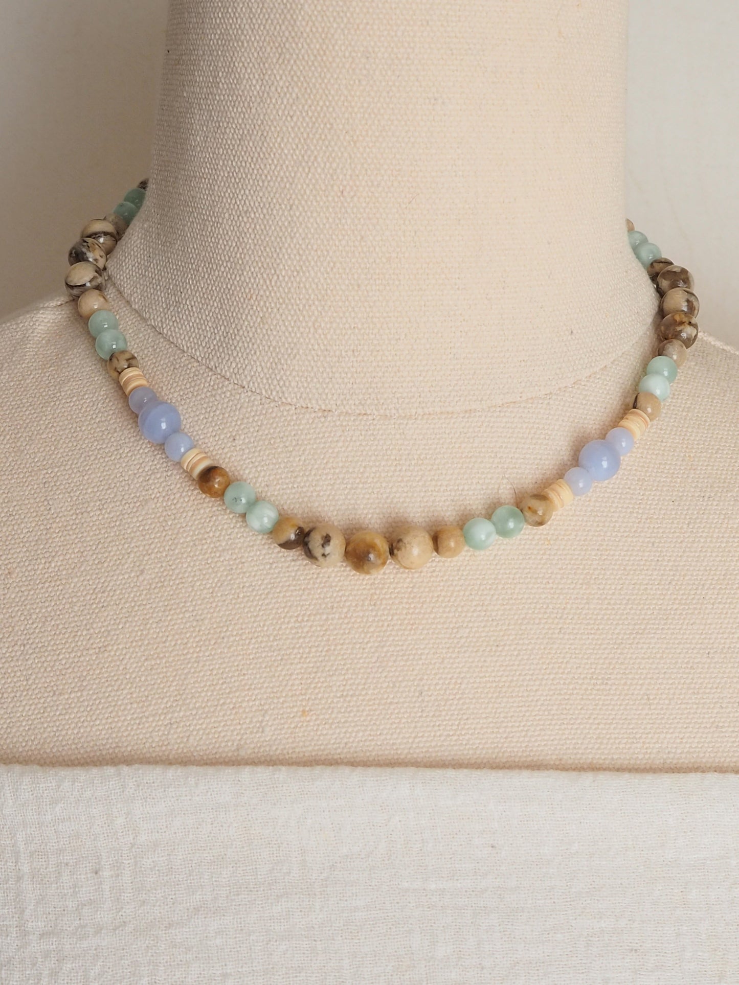 Graphic Feldspar, Blue Lace Agate & Green Angelite Choker with Melo Shell Accents