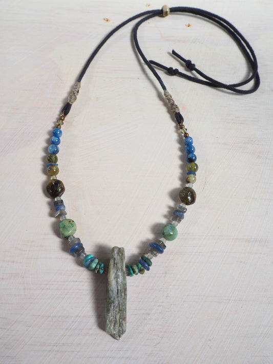 One-of-Kind Green Kyanite Adjustable Necklace, with Labradorite, Green Garnet & Blue Kyanite
