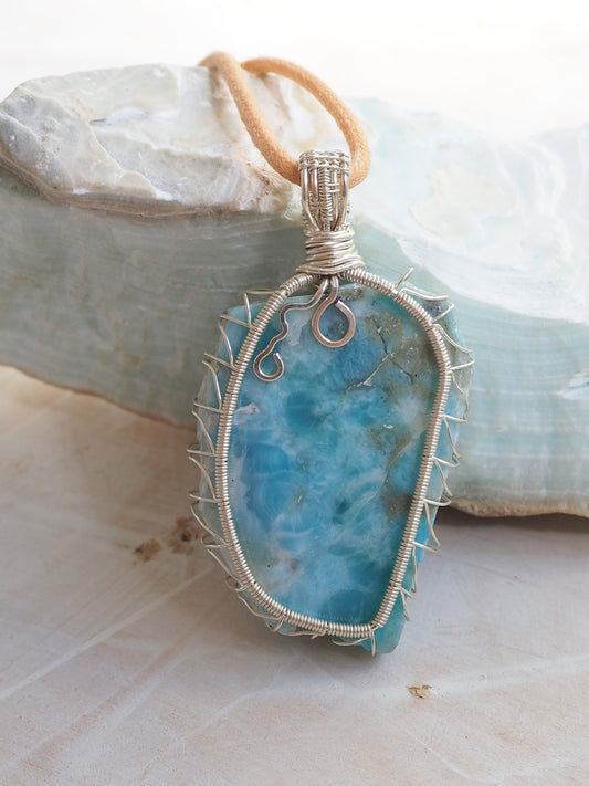 Larimar & Sterling Silver Hand Wrapped Pendant OOAK