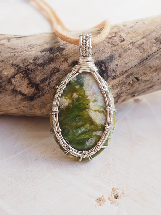 Lizardite Cabochon Pendant Hand Wrapped with Sterling Silver
