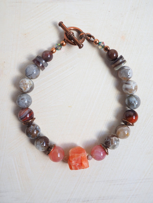 Agate & Tourmaline Bracelet with Red Agate Nugget and Copper Accents