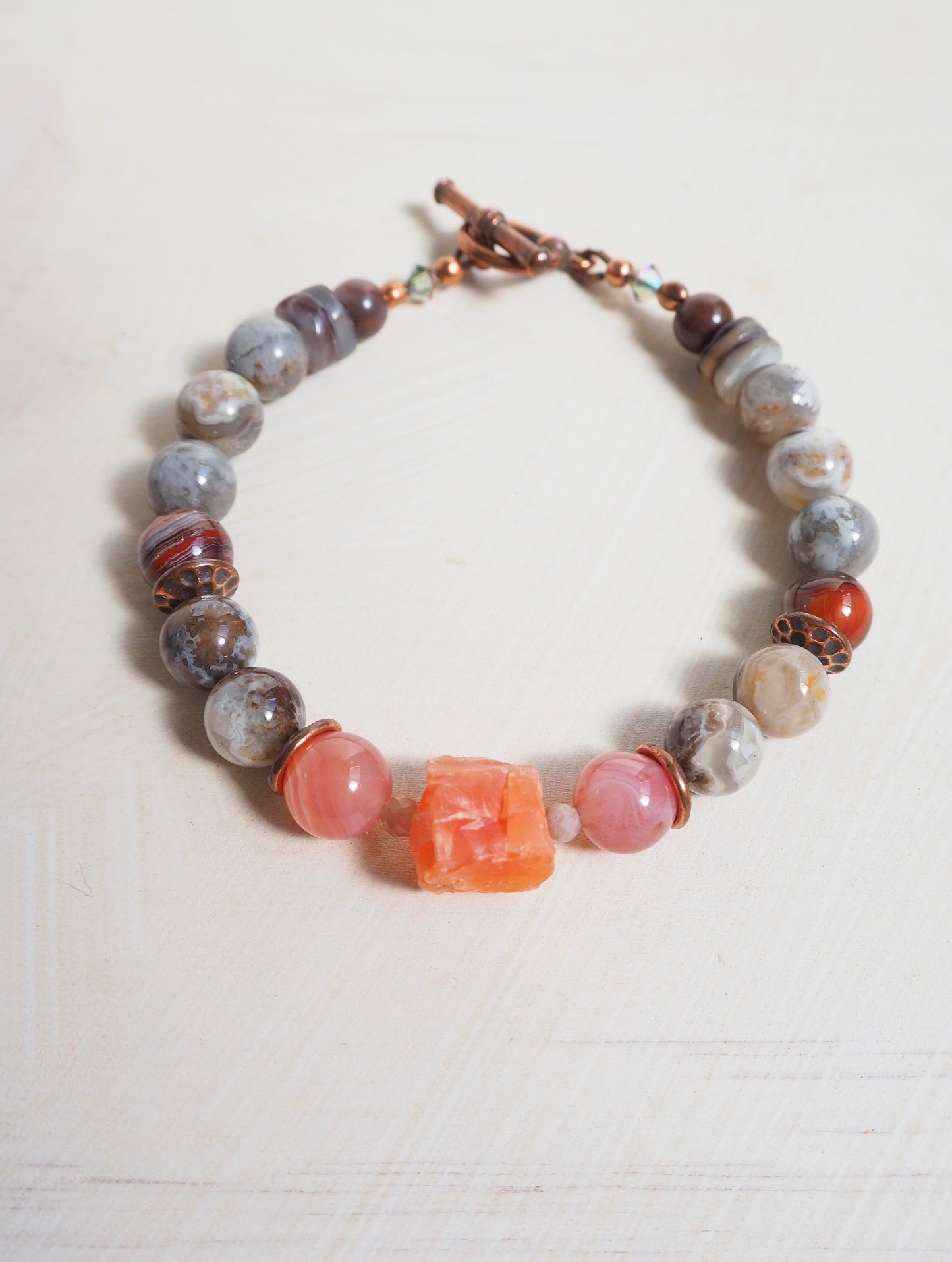 Agate & Tourmaline Bracelet with Red Agate Nugget and Copper Accents