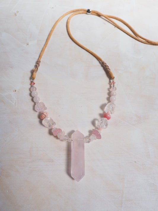 Rose Quartz Crystal, Rhodochrosite & Pink Peruvian Opal Adjustable Pendant Necklace