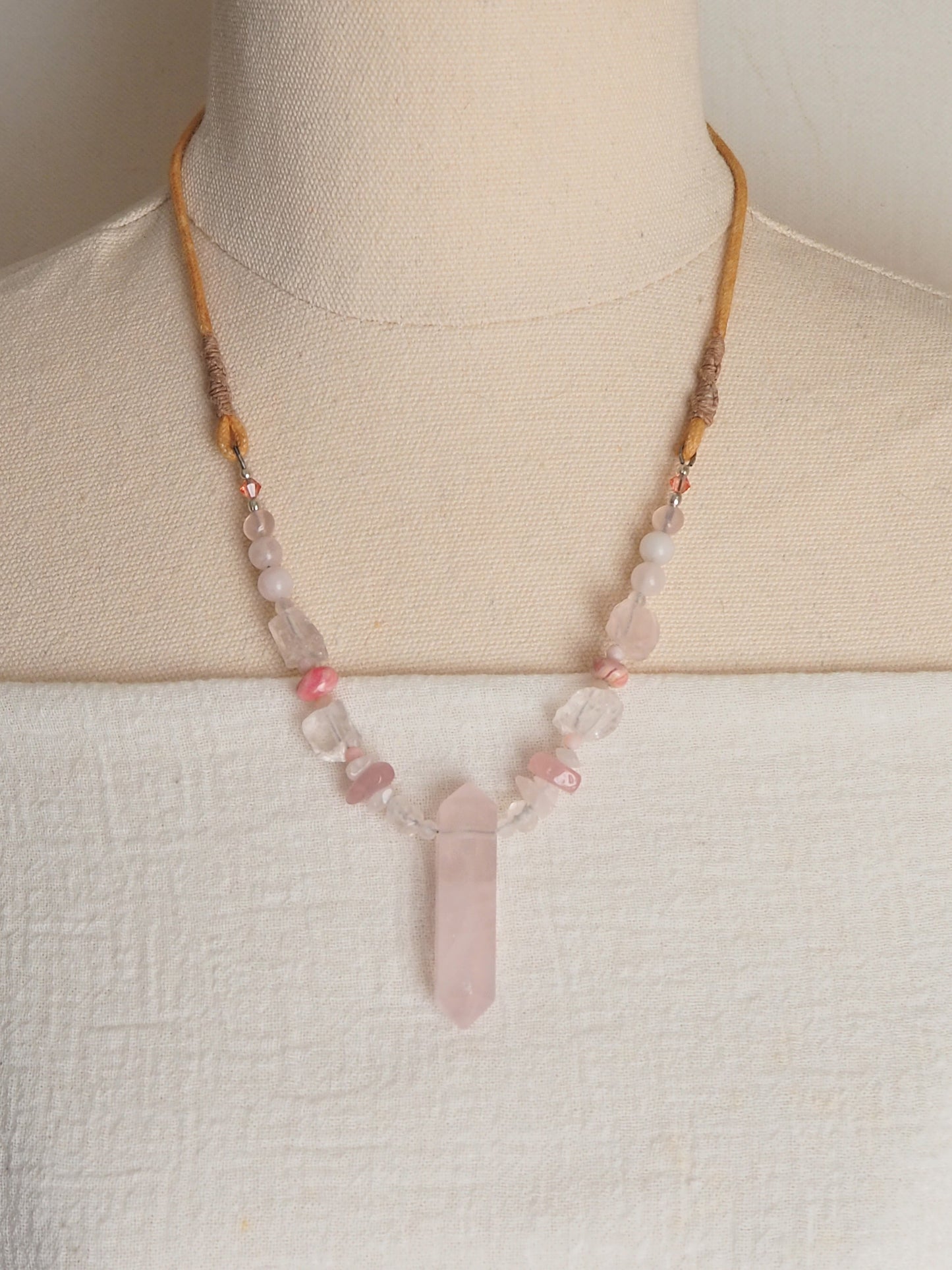 Rose Quartz Crystal, Rhodochrosite & Pink Peruvian Opal Adjustable Pendant Necklace