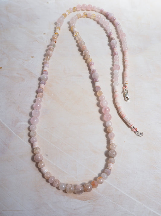 Long OOAK Hand Strung Necklace - Rose Quartz, Sakura (Cherry Blossom) Agate, & Kunzite with Golden Healer Quartz and Luhanos Shell Accents