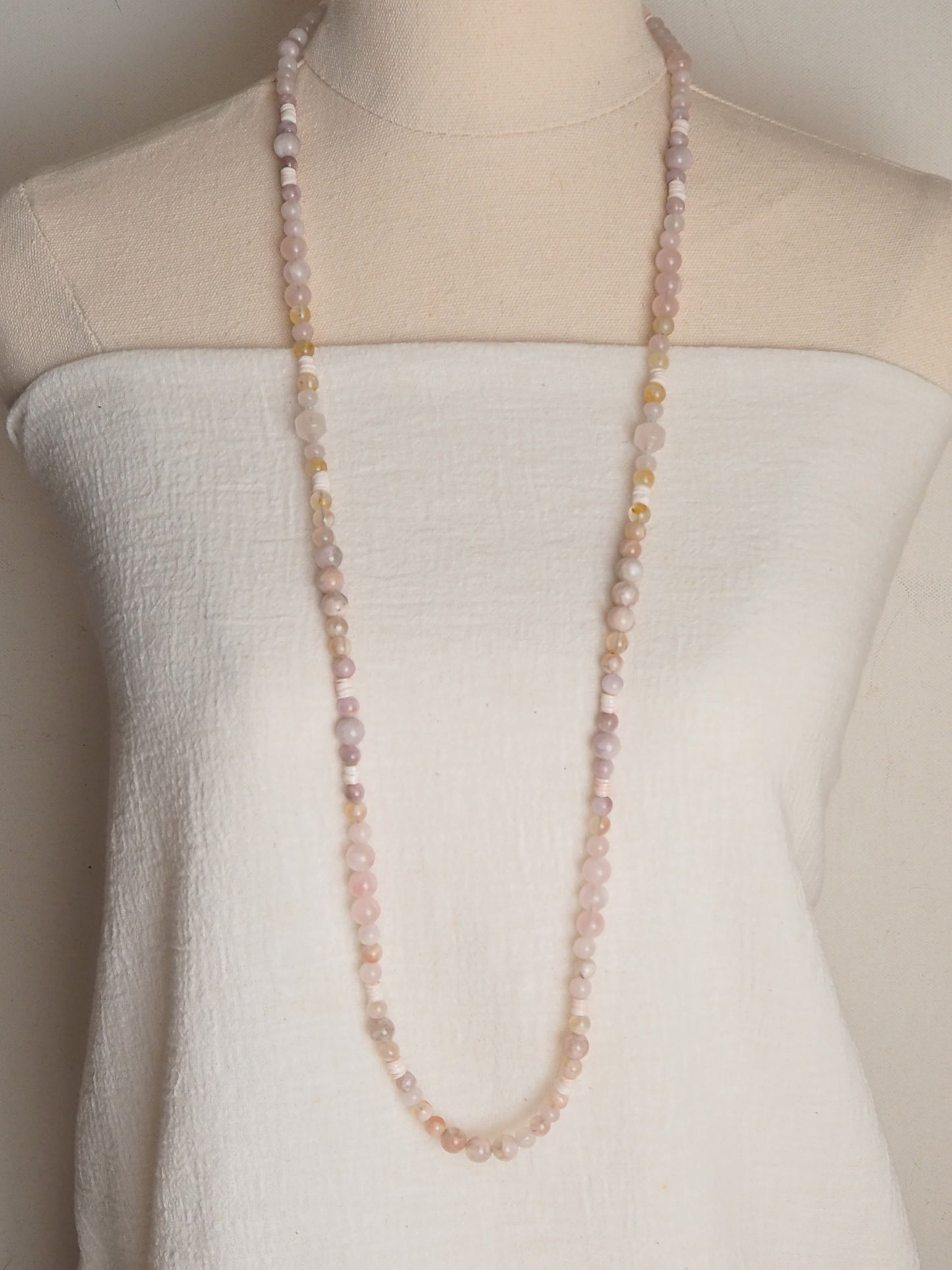 Long OOAK Hand Strung Necklace - Rose Quartz, Sakura (Cherry Blossom) Agate, & Kunzite with Golden Healer Quartz and Luhanos Shell Accents