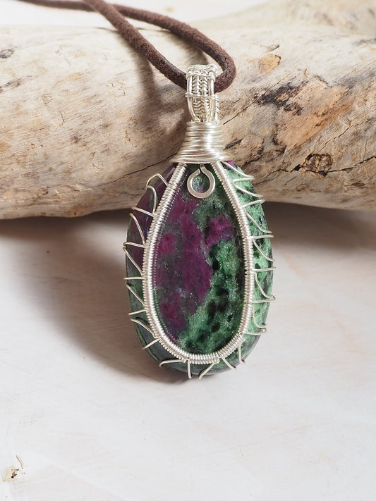 Ruby in Zoisite & Sterling Silver Pendant OOAK Hand Wrapped